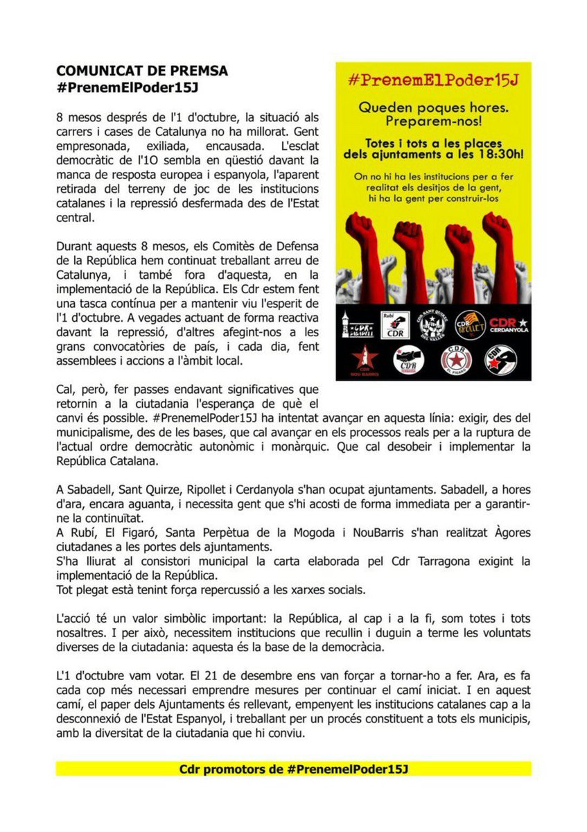 CDRRipollet's tweet photo. Aquest cap de setmana diferents CDRs hem fet diferents accions al voltant de #PrenemElPoder15J.
Us fem arribar el comunicat que hem fet: https://t.co/8ZlThrMIzv