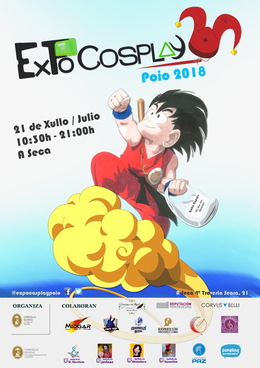 expocosplaypoio's tweet photo. Os dejamos el cartel del Evento Solidario de ExpoCosplay 😍
Realizado por @el_libretista (Podéis seguirlo en Directo en Twitch. 😋). Dibujo hecho a lapices de color (goku gallego)
El tocho de colaboradores.  @weladora @sam.bo.po @javixae @anaredmoon @midgargames @lemedawn https://t.co/GuIqwuSoSx