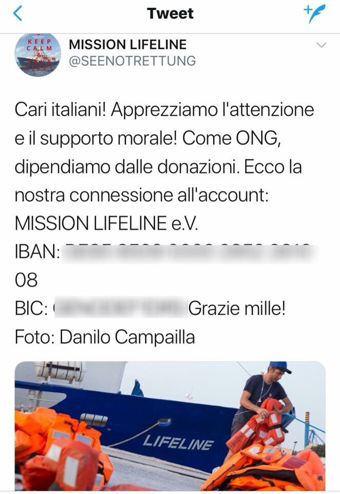 Dopo avermi dato del “fascista” (cancellando subito dopo dopo il tweet), ora la pseudo associazione di volontariato tedesca, con nave battente bandiera olandese, batte cassa con un appello in italiano...
Ci prendono per scemi, ma in Italia la musica è cambiata!
#chiudiamoiporti