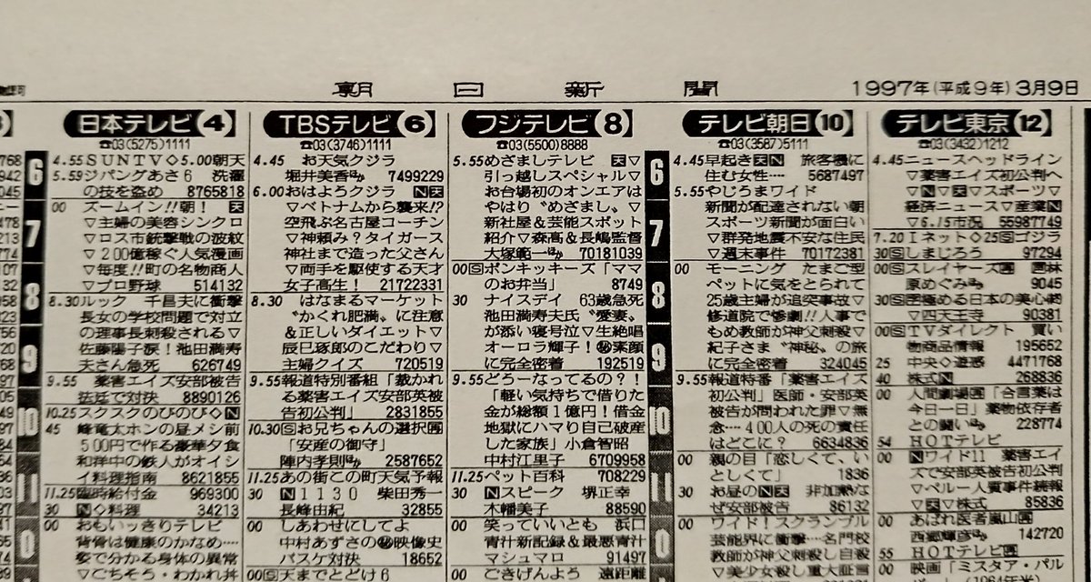 Twitter 上的 Suken 8日よる7時からは夢の政財界人チャリティ歌謡祭 再 朝日新聞ラテ欄 日付は1997 3 9だけど 1997 3 10分 そうか この日は薬害エイズ事件の初公判があったのね テレビ東京とフジテレビ以外は10時台に特番あり 日テレはさらに10 30 11 45