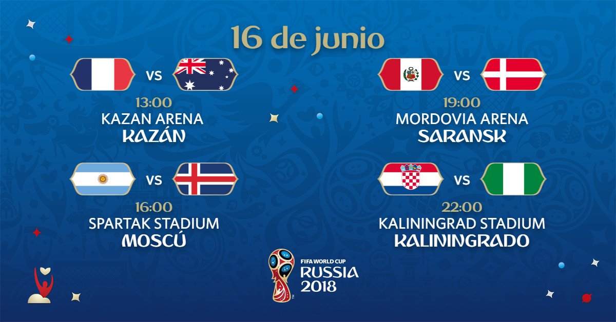 fifaworldcup_es's tweet photo. #Rusia2018 - Día 3

No pinta mal el sábado...

#FRA - #AUS 
#ARG - #ISL 
#PER - #DEN
#CRO - #NGA https://t.co/E5hduglmut
