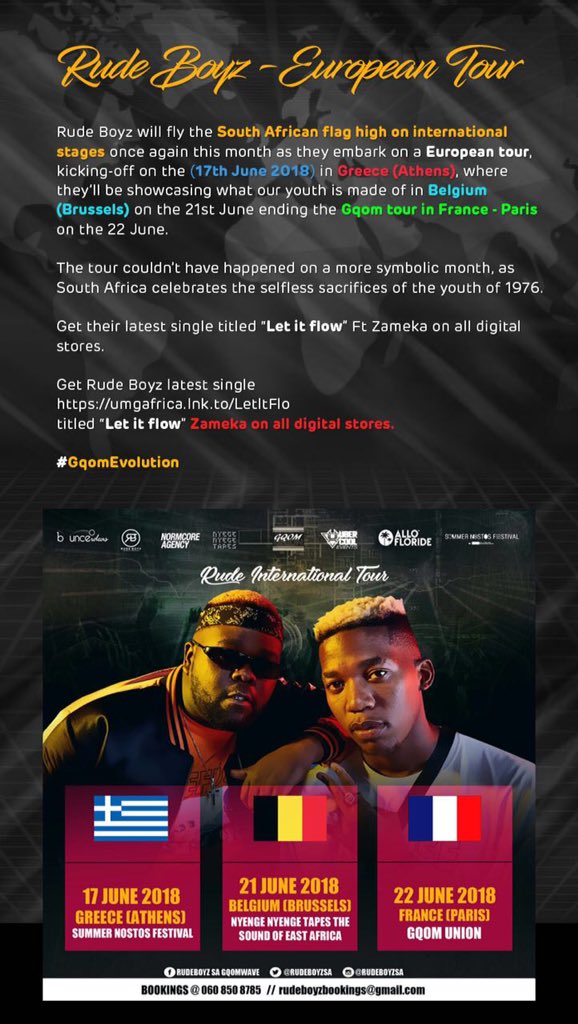 MinniePee16's tweet photo. Presser: @Rudeboyzsa Euro Tour! #Letitflow out NOW on all digital stores #GqomEvolution wayπ¬π·π§πͺπ«π· https://t.co/Q76BIKMDcY