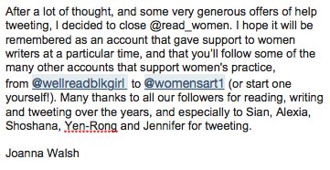 Here's a closing message from <a href="/Read_Women/">#ReadWomen</a> - we'll shut down the account later today. It's been so good to hear from, and to talk with you. Keep seeking out, reading and recommending women writers!