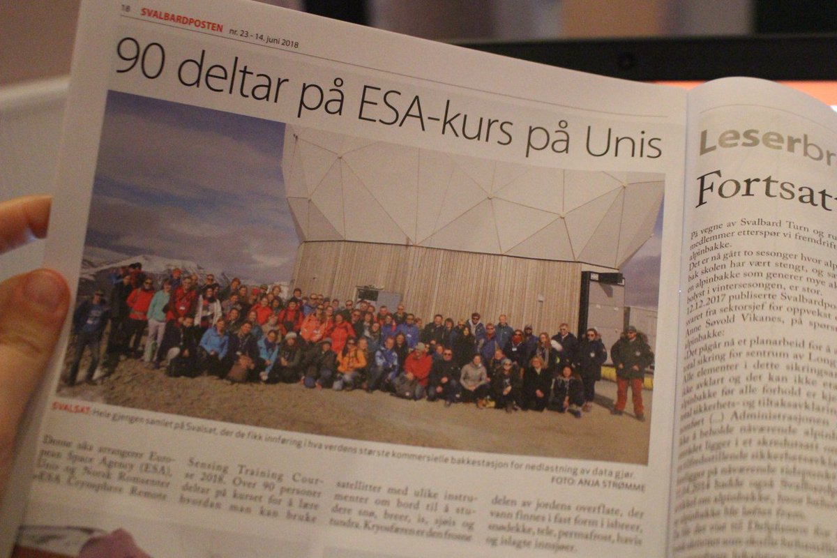 EO_OPEN_SCIENCE's tweet photo. . @esa Cryosphere Remote Sensing Training Course #ESACTC18 made it to the local news! Nice #Svalbard newspaper copy.
#svalbardposten #ksat #unisvalbard https://t.co/dOxQjAwGy9
