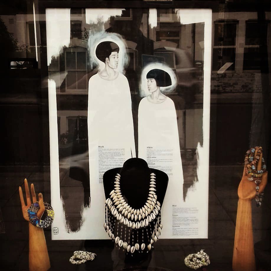 #art by @drewsinclair973 #tshirts by@melanative #fairtrade #textiles #kenyan #cowrieshell #jewelry #jewellery #djembe #ghanaian #powderglassbeads #orgonite #pyramids #cultural #creative #conscious #collaboration