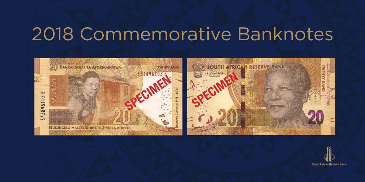 SAReserveBank's tweet photo. The SARB is next month launching its first commemorative banknote series, in celebration of Nelson Mandela’s 100th birthday. The notes will cover the R10, R20, R50, R100 and R200. https://t.co/ElbUHuA4um