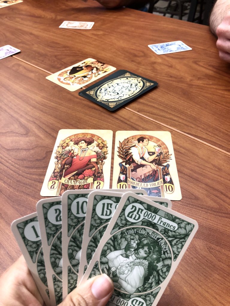 Boardgame_girl1's tweet photo. Playing some High Society by Reiner Knizia and I MAY have bid too much too early. Ended with the highest value but lowest money which means I bust. Argh, #PressYourLuck is never good to me. #AllInEverytime #Bankrupt at Gamacea https://t.co/Ji3KuXcuU5