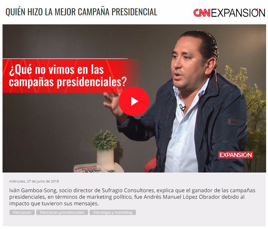 Hace unos días, platiqué con Expansión CNN sobre la elección presidencial y entre otros temas, afirmé que la mejor campaña fue la de Andrés Manuel, por la narrativa y el impacto de su comunicación. La entrevista completa está en expansion.mx