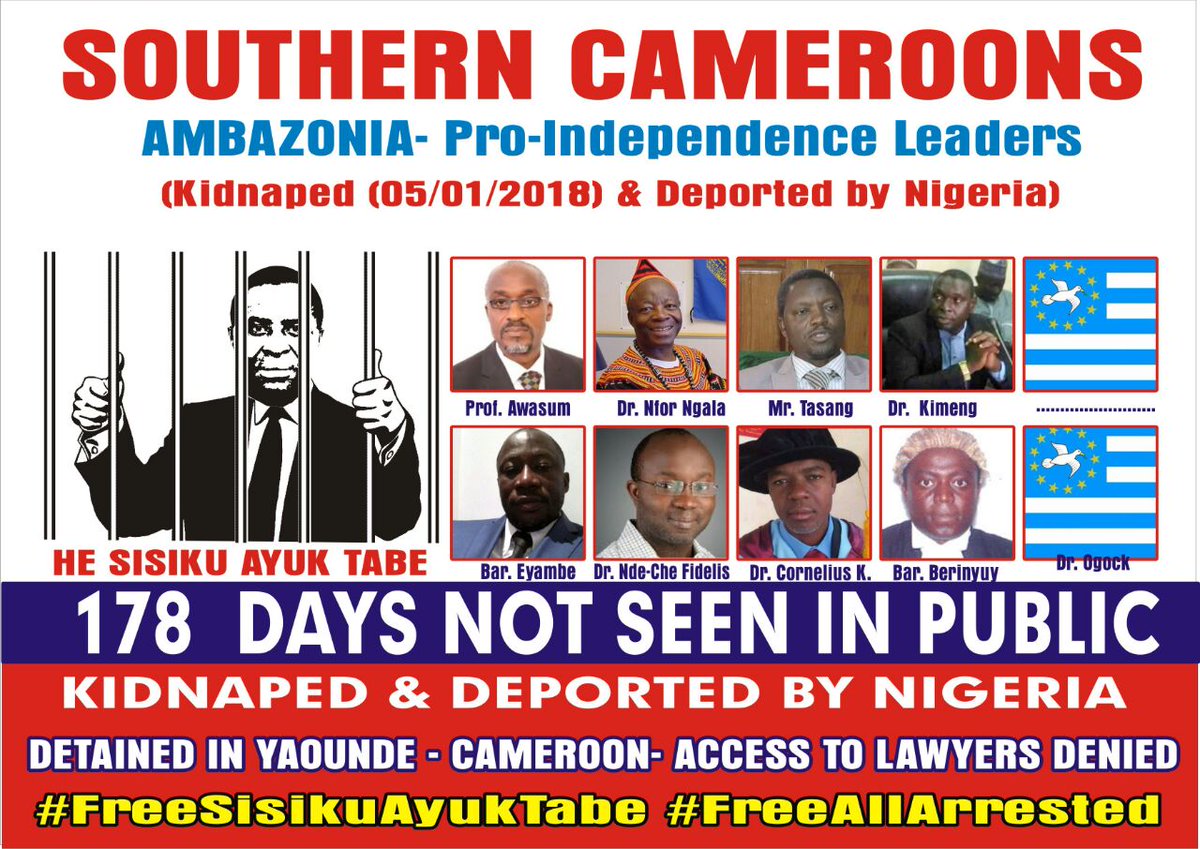 GovAmba's tweet photo. There are claims the Pro-Independence leaders of the Federal Republic of#Ambazonia have met their lawyers but no one has seen them in public. The Interim Government demands their whereabouts. #FreeAllArrested #FreeSouthernCameroons #FreeOurLeaders #StandUp4HumanRights https://t.co/Gj195rCcOM