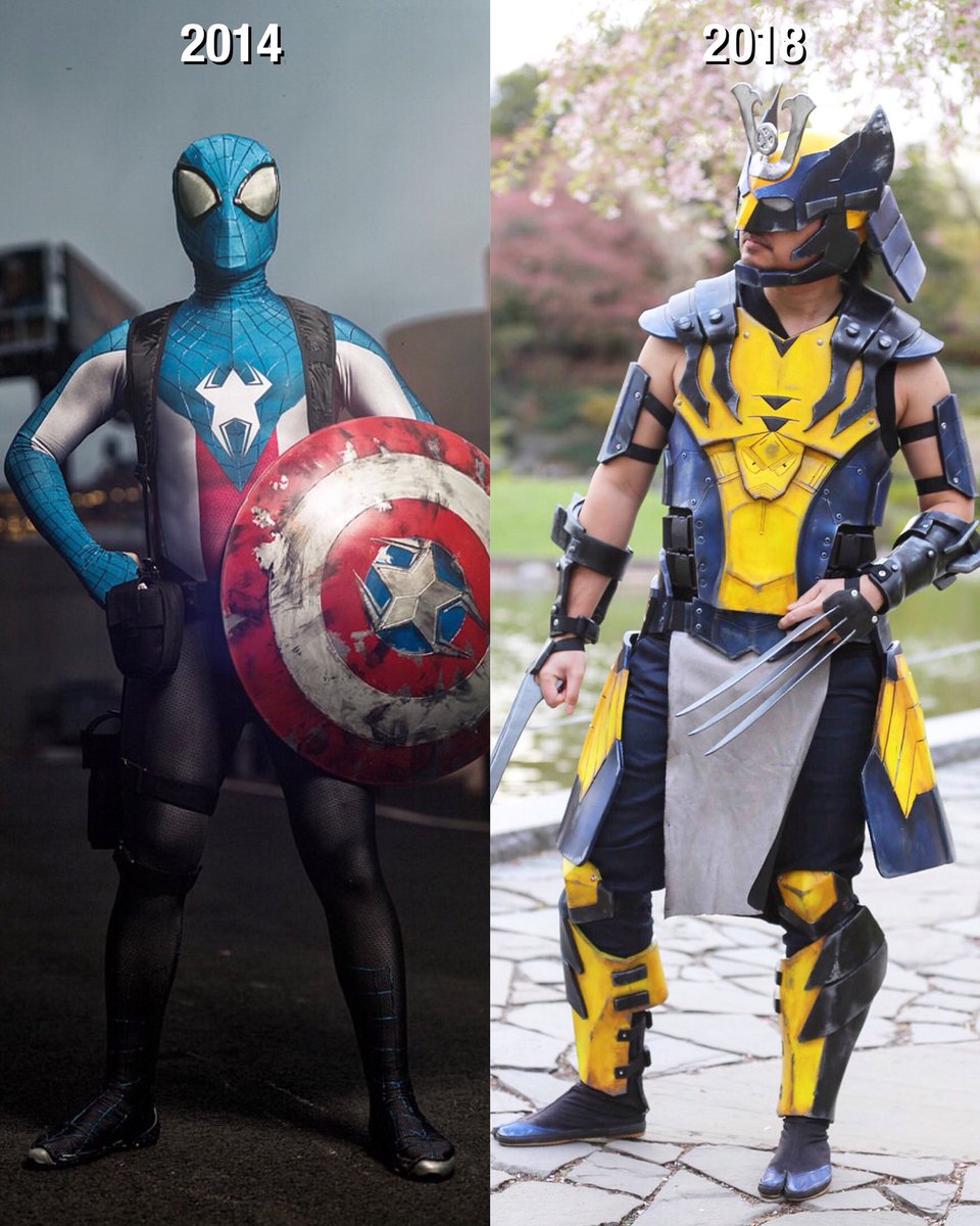 Dhareza's tweet photo. Some things never change. Doing the #CosplayGlowUp thing and showing how I’ve been mashing characters for #cosplay since back in the day. From the first #CaptainSpiderman ever to exist, to #SamuraiWolverine. The materials may have changed, but I’ll never stop mashing. https://t.co/FKDOUcJg5X