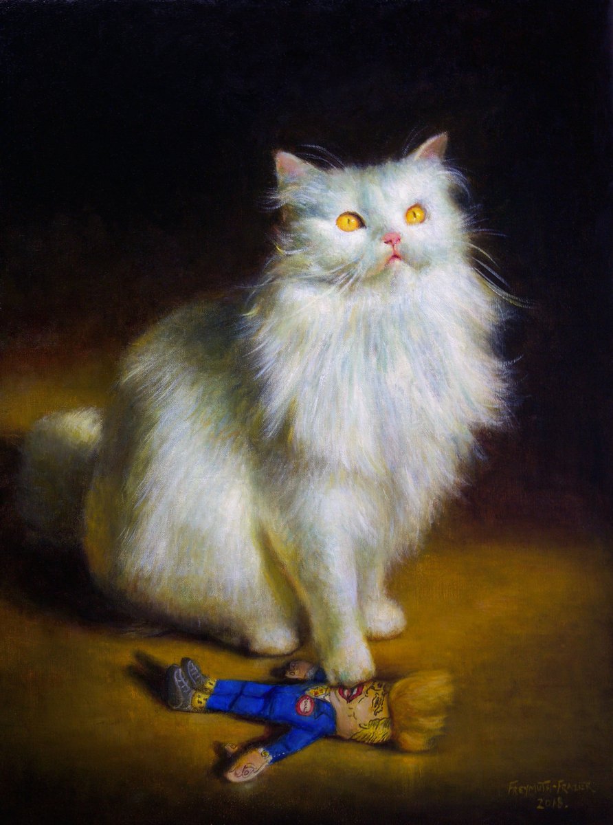 freymuthfrazier's tweet photo. @mikeyk I’m a painter, my IG account w/ almost 9K followers was deactivated for “improper content”. I don’t post anything like that! Maybe the painting I did of my Persian cat silencing a Donald Trump toy got me hacked? Please help, I really need my account back Freymuth.frazier https://t.co/UDoq6RZ1mt