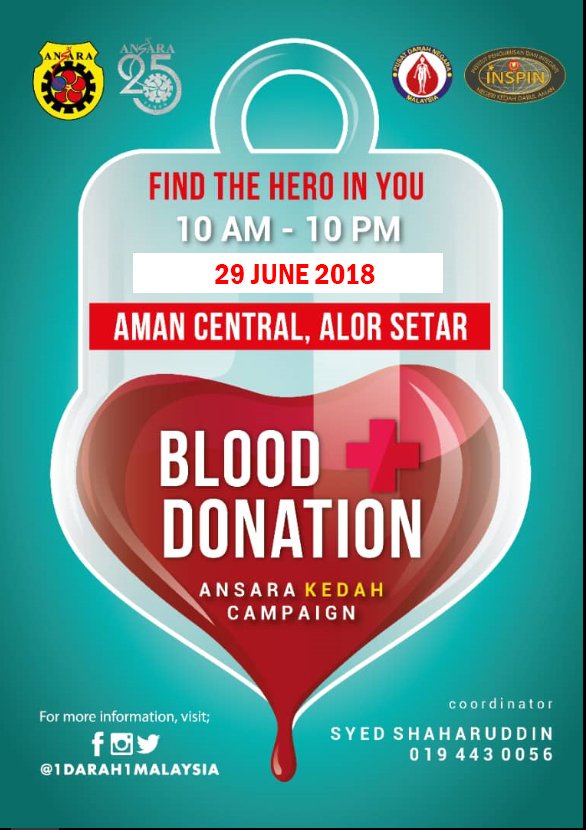 Kempen Derma Darah anjuran ANSARA Kedah

29 Jun 2018 | Aman Central, Alor Setar

10 pagi - 10 malam

#findtheheroinyou
#blooddonation
#dermadarah
#ansarakedah