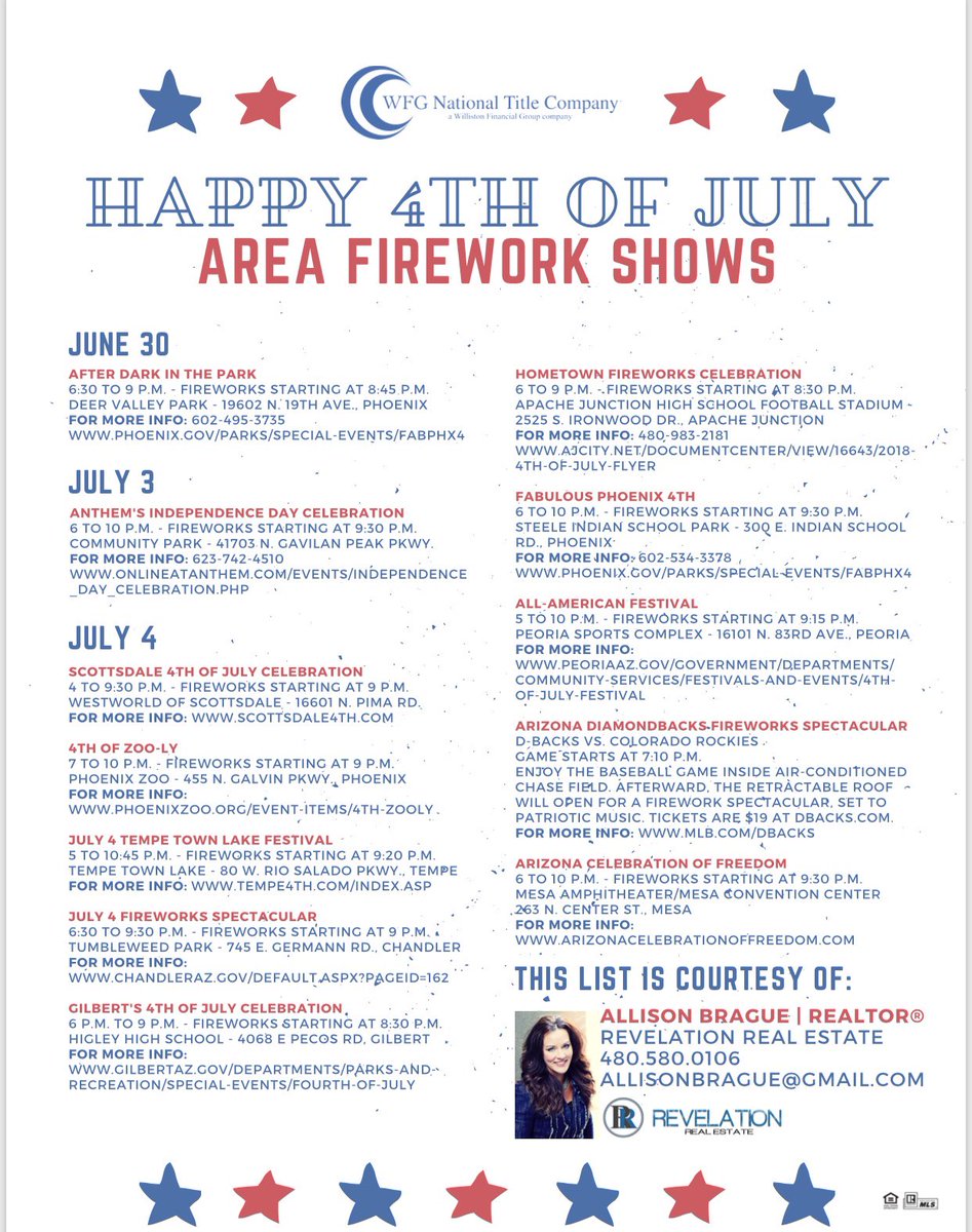 allisonbrague's tweet photo. Looking for #Fireworks around the Valley?! 🇺🇸🇺🇸🇺🇸 check out the list below ⬇️ #4thofJuly #GilbertAZ ChandlerAZ #MesaAz #TempeAZ https://t.co/03qoym5uwT
