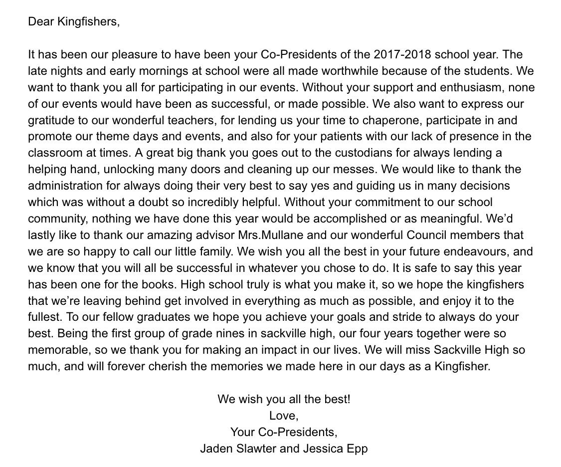 SHSkingfishers's tweet photo. As the Student Council 2017-2018 School year has come to a close, here is a message from your Co-Presidents @Jay_Slawter &amp; @JessicaEpp1 🧡🎓🎊 https://t.co/9PqhG4JlFP