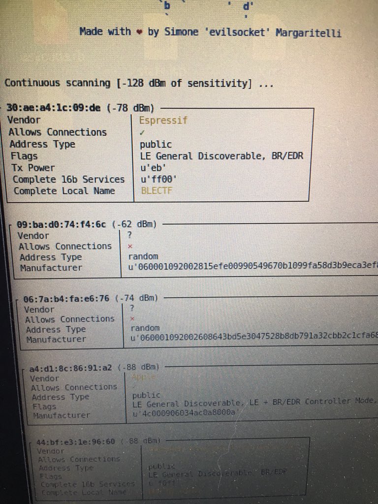 jermainlaforce's tweet image. Flashed @hackgnar ble_ctf on Windows was annoying but up and running. Using #bleah from @evilsocket to get it going