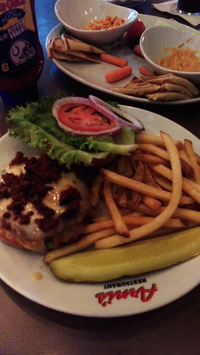 BCTHETEACHER's tweet photo. Upon the great advice of @MsBDowns  I am giving #IndyBurgerWeek a try! Here's the Maverick from @ArnisRestaurant YUM! The Hummus plate was great as well. https://t.co/szBwwnb0zP