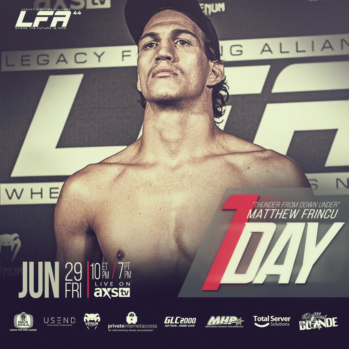 LFAfighting's tweet image. In 1 Day, Australian annihilator @MatthewFrincu returns to the @LFAfighting Octagon in the main event of #LFA44! 🇦🇺

🎟 TICKETS: bit.ly/LFA44

#MMA
#LFANation
@ComericaTheatre