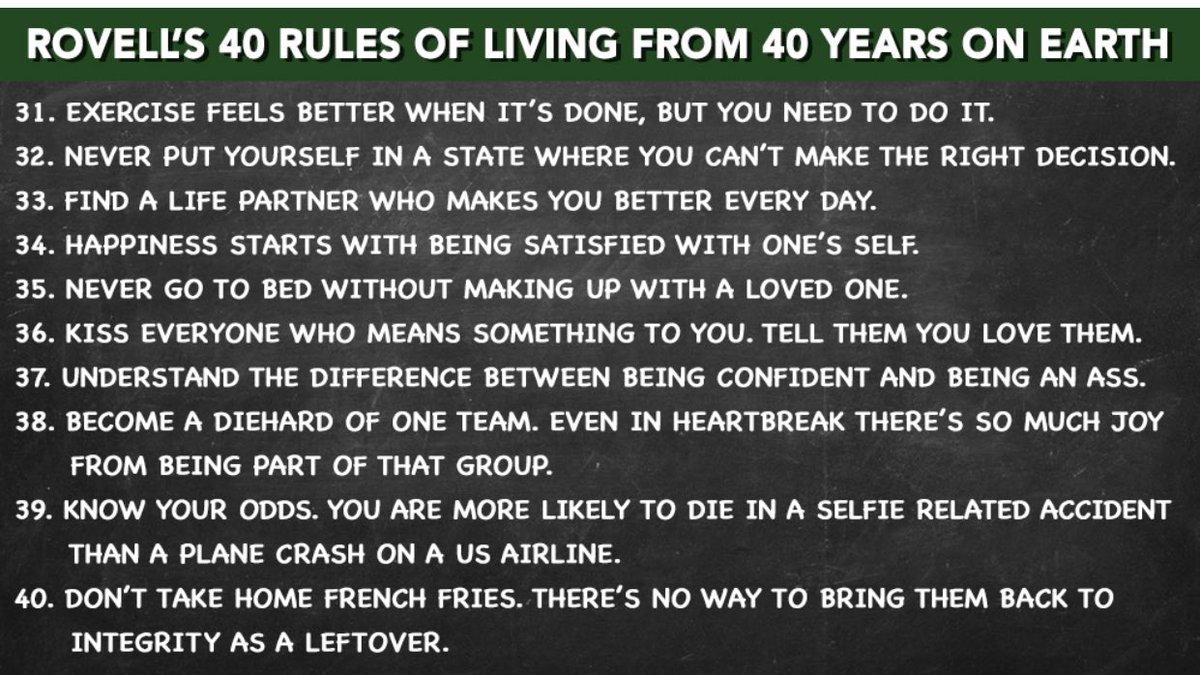 darrenrovell's tweet photo. There’s something about hitting 40 years old that makes you reflect on what life has taught you. With that milestone approaching for me this weekend, I put together a list of what I’ve learned about life...so far. https://t.co/pwHZPyfFKn