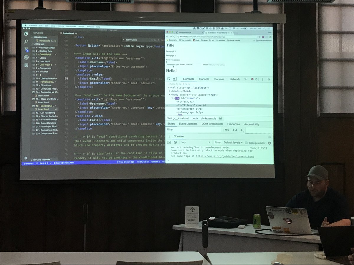 tulsajs's tweet photo. @nearbycoder showing us some @vuejs tonight. We love using the classroom @36degreesN. Just the right size and welcoming setup. 👌 https://t.co/AGImcBqKRc