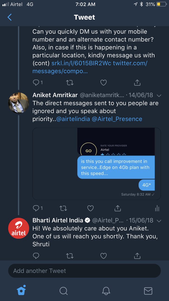 aniketamritkar's tweet image. Forget about expectations on improving the network..these people (@Airtel_Presence @airtelindia ) don’t even come back on what they have promised..#poorservice #poornetwork
