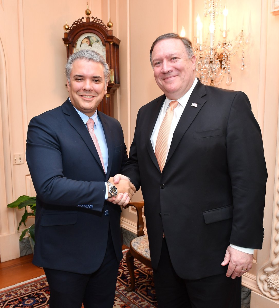 statedeptspox_a's tweet photo. .@SecPompeo met w/ Colombian President-elect @IvanDuque today &amp; congratulated him for his victory. The two leaders reaffirmed our partnership based on shared democratic values, discussed peace in #Colombia &amp; hemispheric support for the Venezuelan people. https://t.co/euOwJXyJzf https://t.co/hZKzvSSuas
