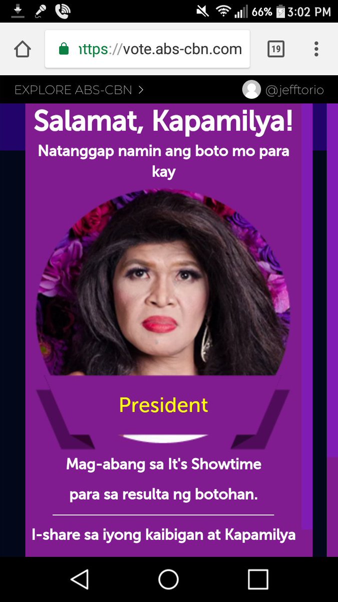 RoxyPrez4's tweet photo. Nakaboto ako iisa pa lang, meme President Ganda @DkabogableDyosa 
Antagal ng net ko, LOADING pa rin ang chenes. Pero ung iba kong boto, ipapasok ko later. Sureness yan, straight votes for you. 😍😍💕💕😘😘 RAVAAAAANNN tayo ha! 💕💕💕
#ShowtimeQandATodoHooray https://t.co/1ZAoxbSyfb