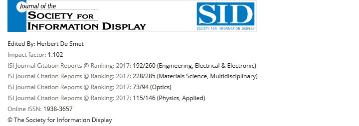Herbert_De_Smet's tweet image. New impact factor of the Journal of the Society for Information Display #JSOCINFDISP is 1.102 (26% up compared to last year and 78% up compared to 2 years ago! ). Congratulations to all authors! Let&apos;s keep up this trend for the coming years.