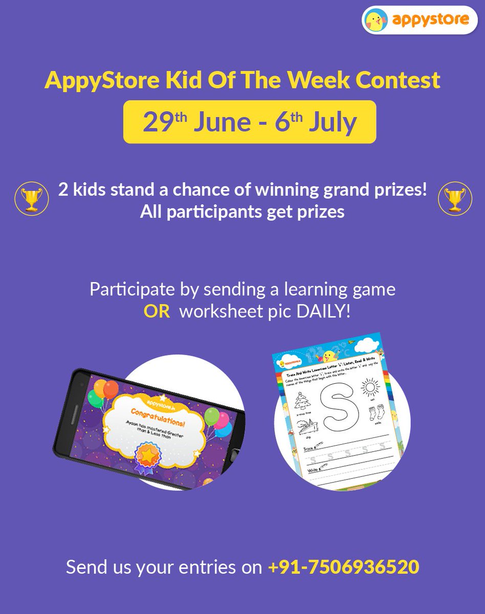 AppyStore's tweet photo. Gear Up Appy #Parents! 
2 lucky kids will win prizes worth Rs 500 !
Send us a pic of your completed worksheet or #game completion #certificate in the #Appystore app #EVERYDAY starting #today !!
Send them on +91-7506936520!
ONLY ONE RULE:
Pls send us pics with good #resolution! https://t.co/Gq1OzczfLI