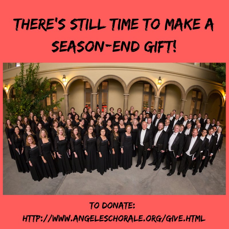 Please consider a season-end gift of any size to the Angeles Chorale. Thank you for your support and consideration. We look forward to sharing our 44th season with you, as we celebrate an international spirit with musical journeys to Italy, France and concluding in Argentina.