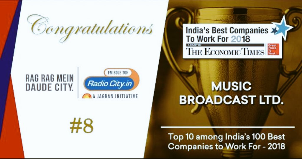 RadiocityVibe's tweet photo. #momentofpride
#rank8 @EconomicTimes for #indiasbestcompaniestoworkfor #amongtop10bestcompaniesinindia!
Indeed #agreatplacetowork ✌️ https://t.co/dJAA6ycPTD