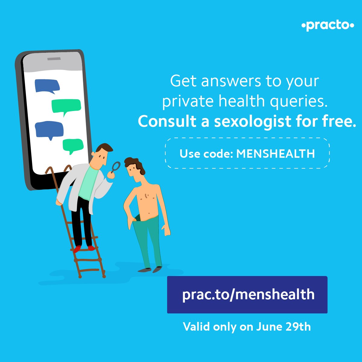 Practo's tweet image. June is 'Men's Health Month' and we are offering 'Chat with a sexologist' for FREE to all the men out there. Click here, prac.to/menshealth and use code - MENSHEALTH. Offer valid only on June 29, 2018.
