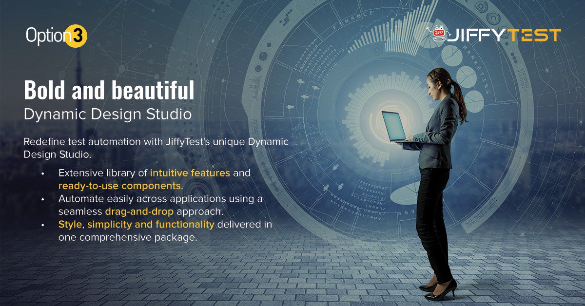 Jiffy_TEST's tweet image. Redefine test automation with JiffyTest&apos;s unique Dynamic Design Studio.  #JiffyTest #TestAutomation #IntelligentAutomation #IntelligentTesting 
#DynamicDesignStudio 
Visit: bit.ly/JiffyTEST