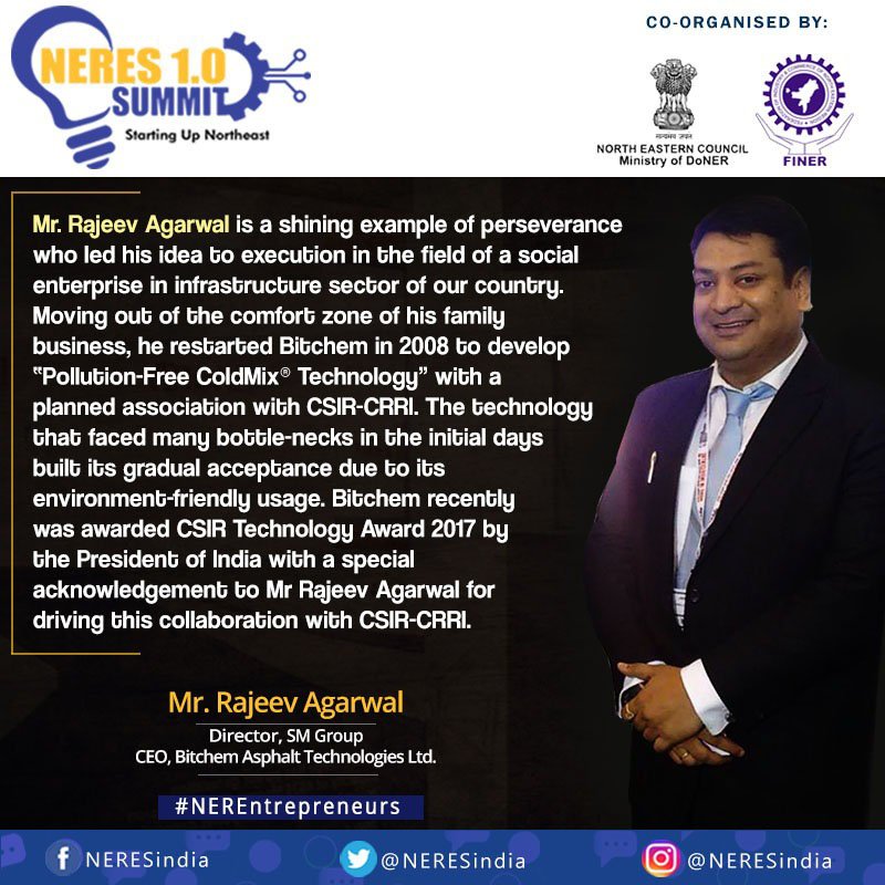 NERESindia's tweet photo. @rajeev_sm restarted @Bitchem_SM in 2008 with a planned association with CSIR-CRRI country’s apex road research institute to collaboratively develop “Pollution-Free ColdMix® Technology” for road paving applications generically known as “Blacktopping” in the Roads Sector. (2/3) https://t.co/9Uhwn0vl3V