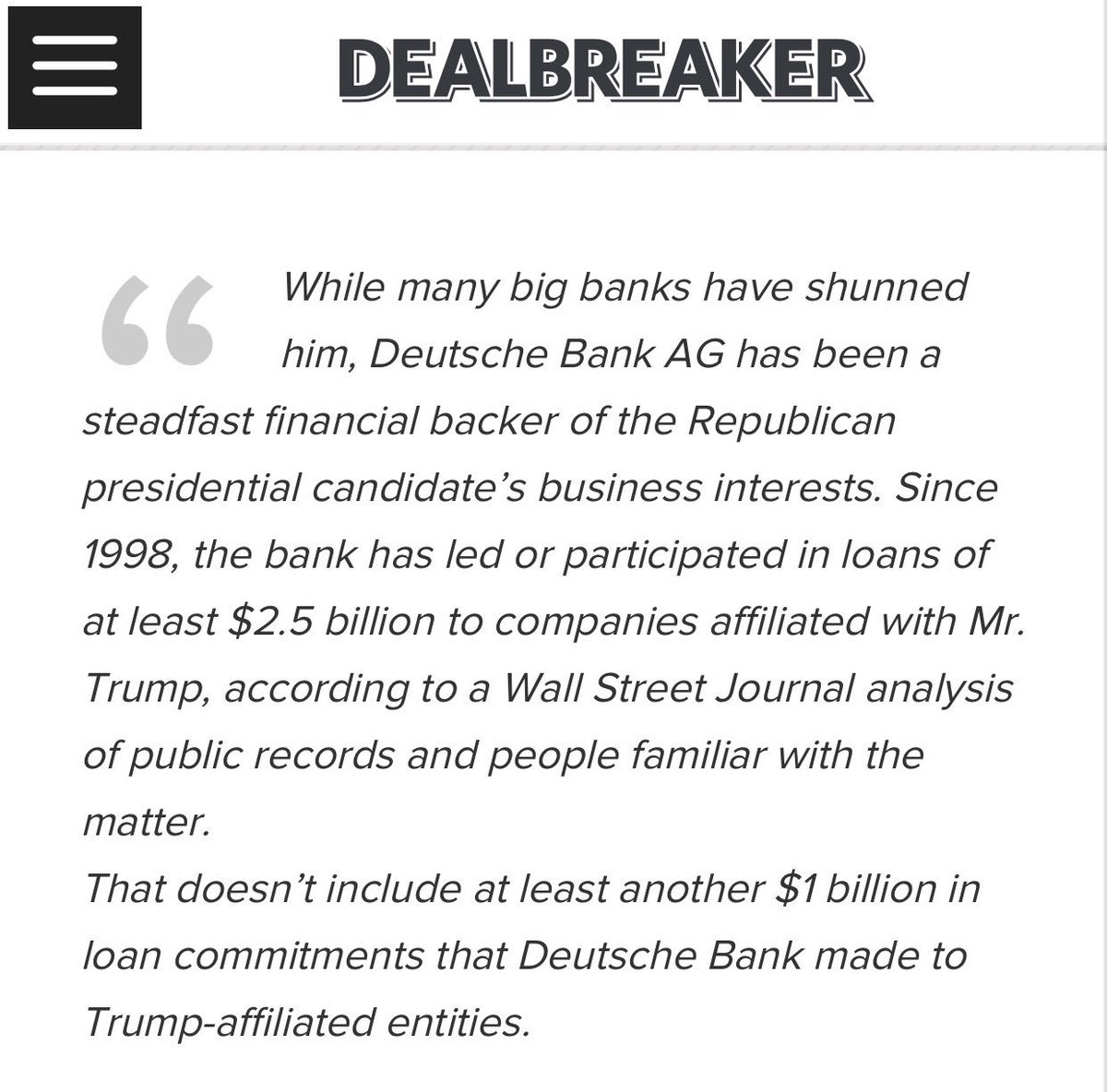 ProudSocialist's tweet image. Source 1, Source 2 and Source 3.

This is a conspiracy in broad daylight. Most of the dots can be connected on the World Wide Web. And while the Kennedy connection is interesting, the bigger takeaway is that Deutsche Bank is most likely the “laundromat” between Trump and Russia.