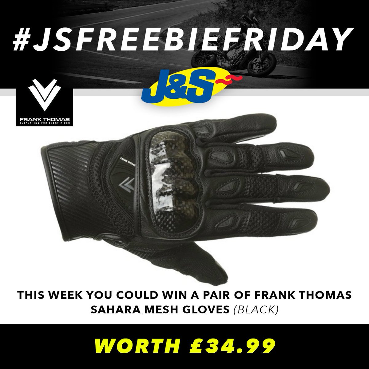 #JSFREEBIEFRIDAY Retweet this post and follow us for a chance to win a pair of Frank Thomas Sahara Mesh Gloves worth £34.99. Ends Tues July 3rd. You can also enter by signing up to our newsletter here: ow.ly/6y6r30kHJK2   Happy Friday everyone! ow.ly/6y6r30kHJK2