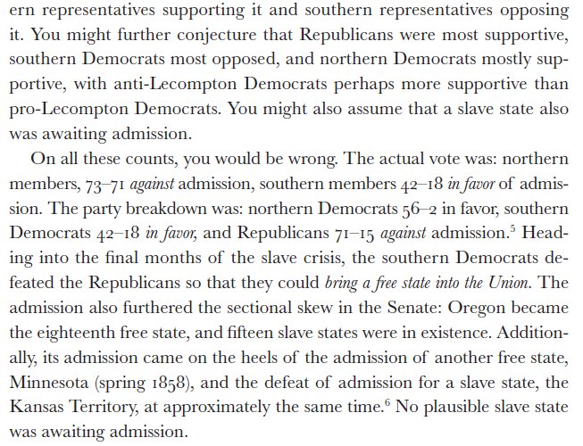 For one, it complete fails to explain state admissions in the 1850s. Take Oregon in 1858. Its admission runs counter to every feature of the balance rule. The Southern Democrats defeat the Republicans in Congress to bring a free state into the Union!
