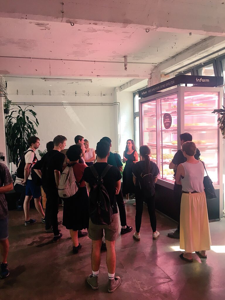 MakeCityBerlin's tweet photo. MakeCity visitors had a tasty tour of the @INFARMBerlin HQ in Berlin Kreuzberg this morning. Did you know 1 #verticalfarm produces 1000 plants? 🌱 Special thanks to Ina Lachmund and the culinary team who made sure we didn’t leave hungry! #FarmToFork #UrbanFarm #MakeCity2018 https://t.co/Ja8lwPu35V