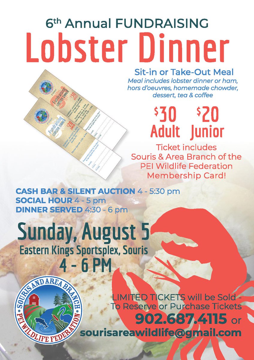 Our 6th #AnnualFundraisingLobsterDinner is in #August, which will be here before we know it! Join us on Sunday, August 5th at the Eastern Kings Sportsplex in #Souris between 4 and 6 pm for a very tastiest lobster dinner! Call 1-902-687-4115 for tickets! 🙂 souriswl.com/annual-lobster…