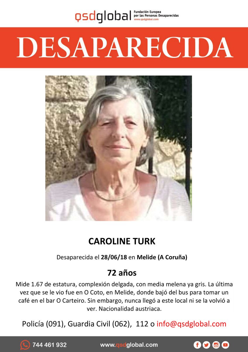⚠️#MUYURGENTE ⚠️
 Esta es Caroline, una #mayor, que ha #desaparecido en Melide #ACoruña
 Si la has visto llámanos
☎️062
☎️112 

Tu RT es muy importante.
