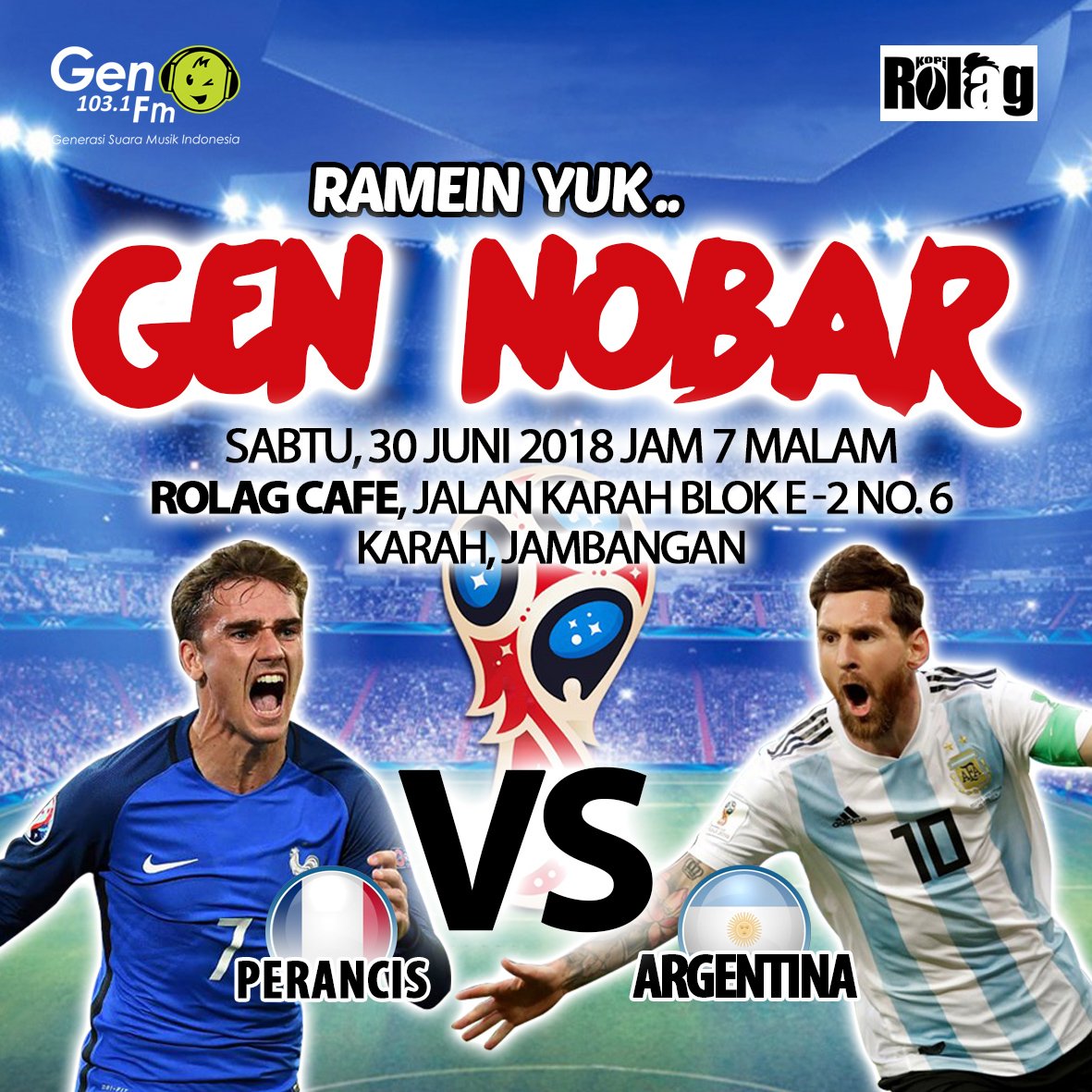 gen1031fmsby's tweet photo. Ayo ramein GEN NOBAR Perancis VS Argentina. Hari ini di Rolag Kopi Jalan Karah Blok E-2 No.6, Karah, Jambangan, Surabaya. Mulai jam 7 malem. Jangan sampe ga dateng yaaa....
-
-
#GenNobar
#Gen1031fm https://t.co/LNhb3SYbud