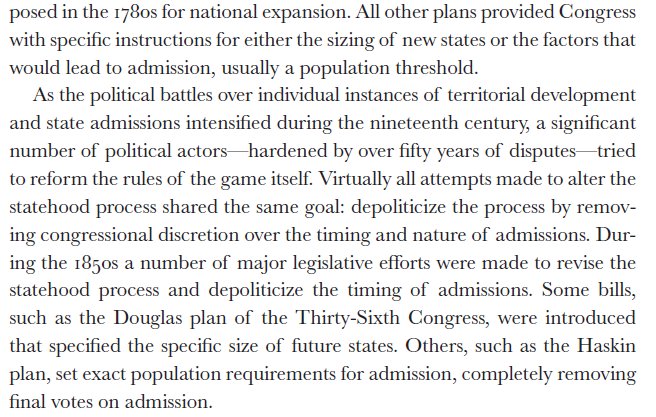 Fourth, the constittional statehood process is ridiculous. Creating a state is perhaps the only utterly irreversible powers in the Constitution, it's easy to do, and there are no qualifications on it. This is why it got consumed by hardball politics in the 19th century.