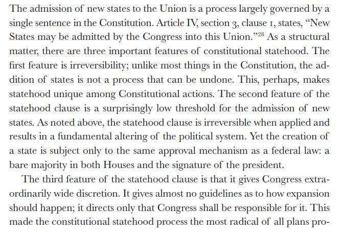 Fourth, the constittional statehood process is ridiculous. Creating a state is perhaps the only utterly irreversible powers in the Constitution, it's easy to do, and there are no qualifications on it. This is why it got consumed by hardball politics in the 19th century.