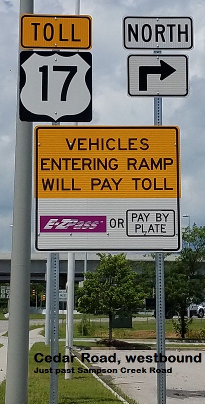 DominionBlvd's tweet photo. @joedavid30 Here's a map of toll warning sign locations. There's a variety of signs to include the basic ones you posted plus the one below, plus signs at both ends stating the prices, plus others. I'm happy to send you a more detailed report if you'd like to email. https://t.co/FontAMSlb1