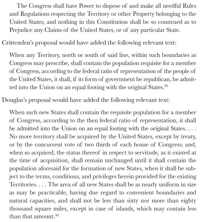 As a result, throughout the 19th century, there was serious contestation over the statehood *process* itself, with constant proposals to reform it. Even the famous Crittenden and Douglas plans for constitutonal amendments to avert secession and war spend significant time on it.