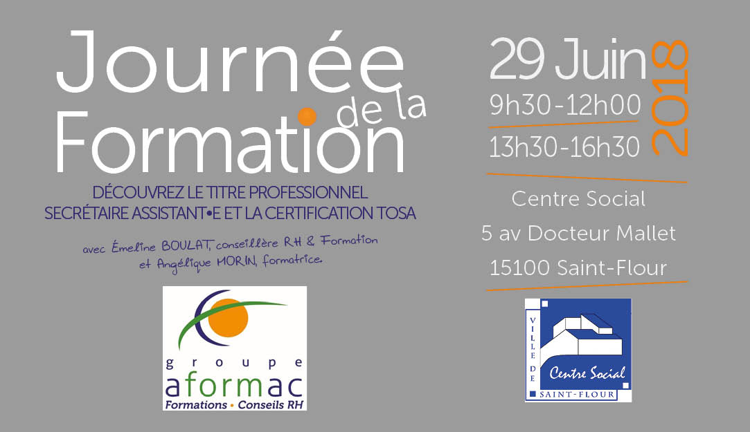 GroupeAFORMAC's tweet photo. 📢[Événement-AFORMAC Cantal]📢
La JDF au centre social @SaintFlourco, c'est aujourd'hui !
🔎Découvrez le TP Secrétaire Assitant-e et le TOSA. 
📆Entrée en formation le 1er octobre. 
❓Des questions ? Commentez !
📍Intéressé-e-s ? Venez !
L'équipe AFORMAC
#FormationProfessionnelle https://t.co/VW1NTtN9cp