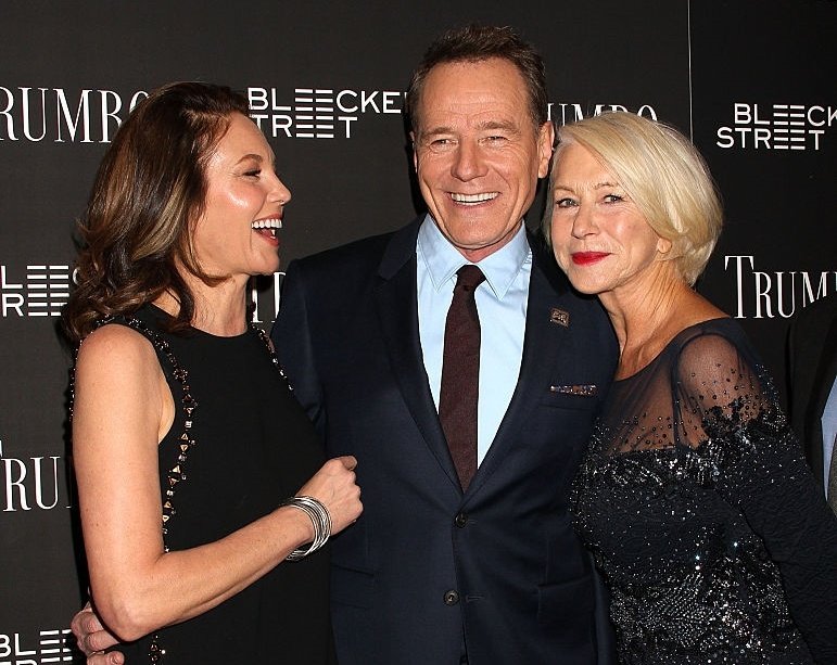 Diane, Dame Helen Mirren and Bryan Cranston at the 'Trumbo' New York premiere at MoMA Titus One on November 3, 2015 in New York City. #fbf #dianelane #damehelenmirren #helenmirren #bryancranston #trumbo #daltontrumbo #cleotrumbo #heddahopper #flashbackfriday