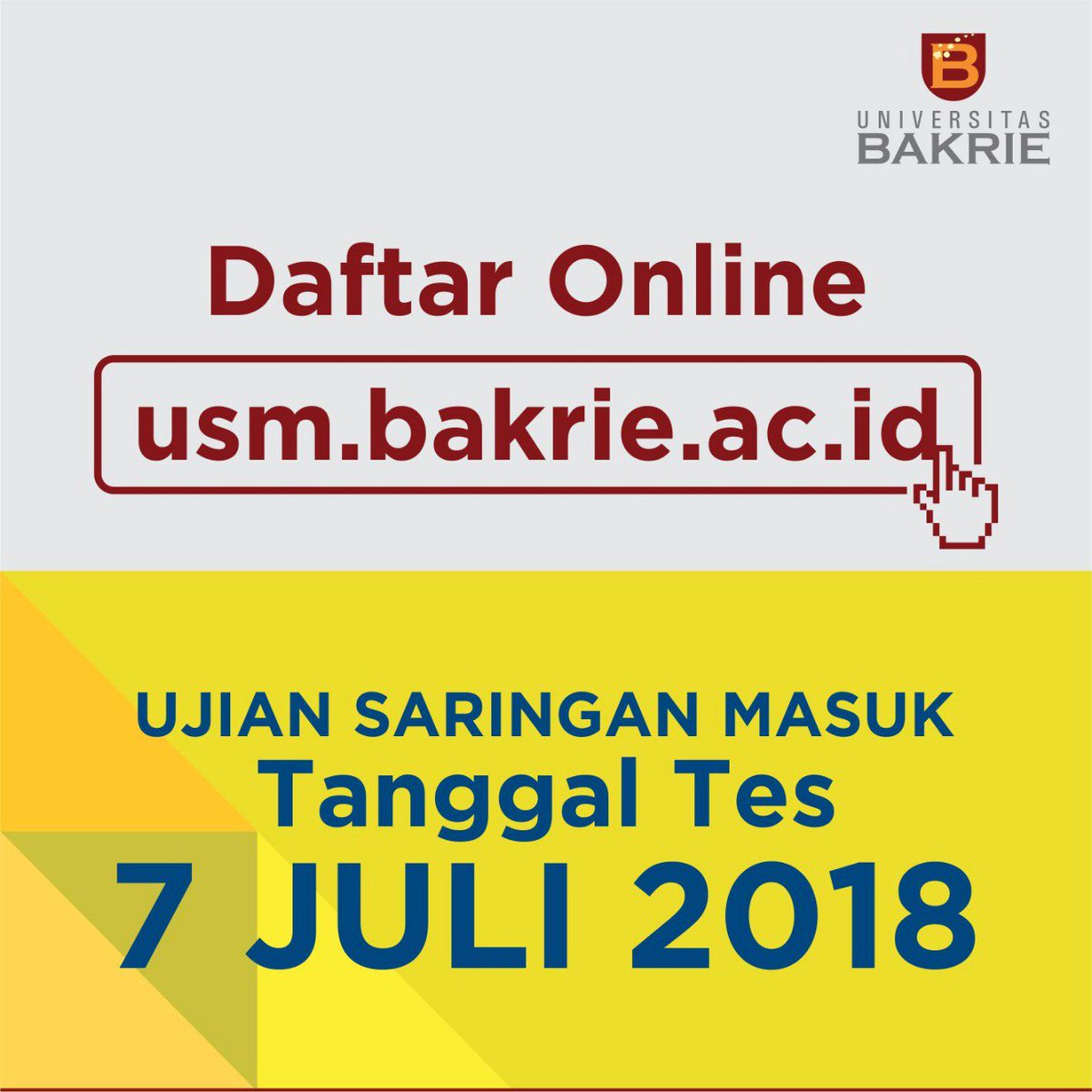 Raih Beasiswa Unggulan Universitas Bakrie dengan mengikuti Ujian Saringan Masuk Gelombang Terakhir, Sabtu, 7 Juli 2018 di Universitas Bakrie.
Informasi lebih lanjut hubungi Hotline Universitas Bakrie di 0856 777 2010 atau klik website Universitas Bakrie di bakrie.ac.id