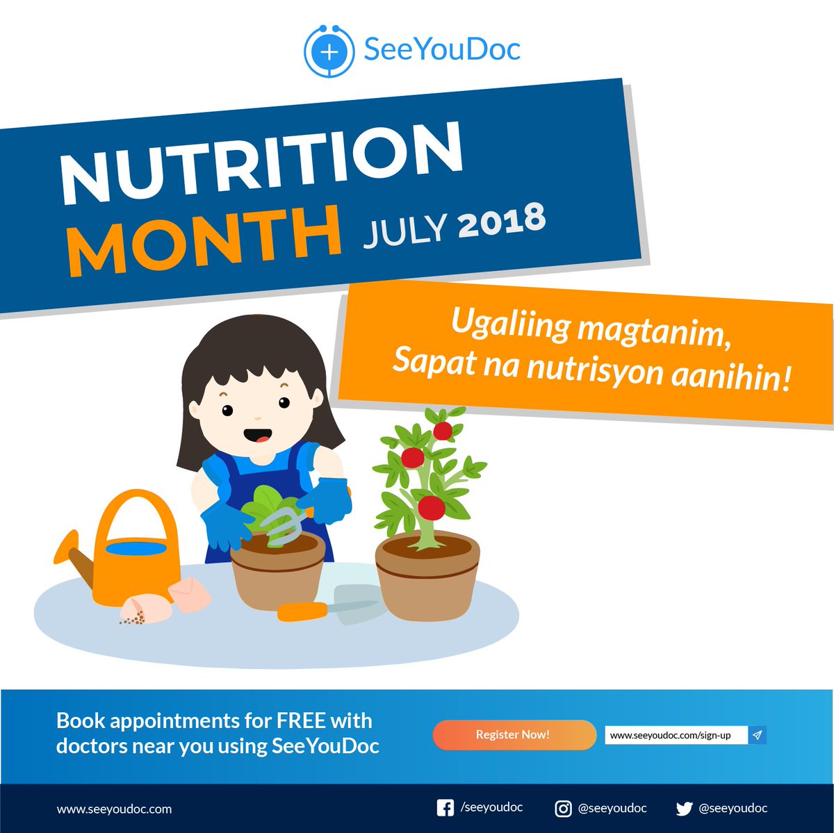 seeyoudoc's tweet photo. Ugaliing magtanim, Sapat na nutrisyon aanihin! Home-grown produce promises you a diversified and organic food choice.
This July 2018, let us all aim to enrich our gardens and produce a nutritious harvest! #SeeYouDoc #NutritionMonth https://t.co/y57xMlaf1J