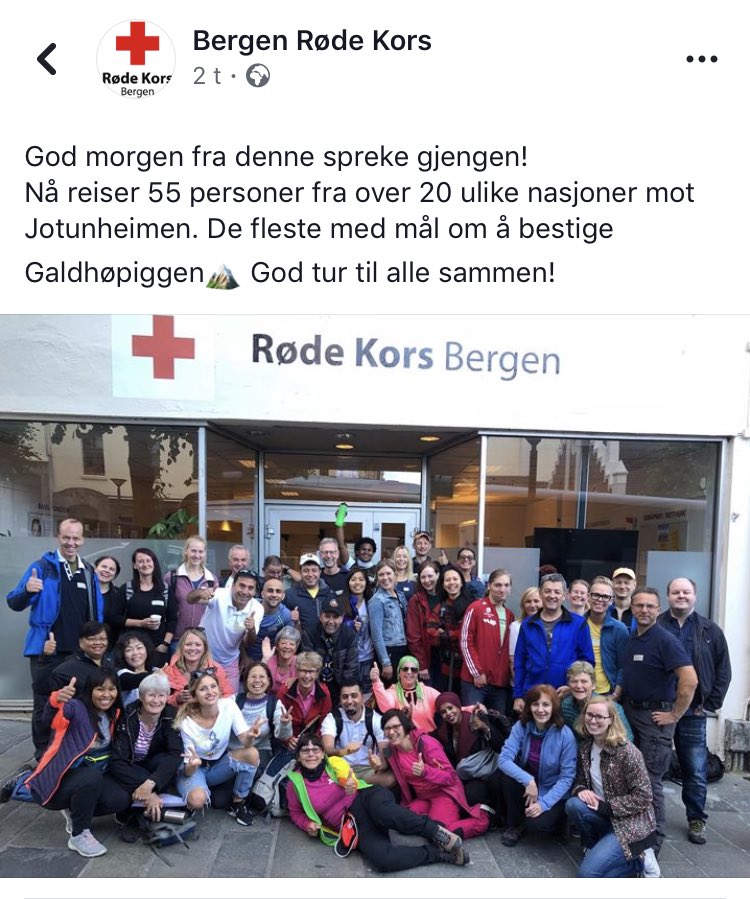WattiAli's tweet photo. 55 personer fra over 20 ulike nasjoner mot Jotunheimen med mål om å bestige Galdhøpigge.
God tur for alle som skal nåde toppen i år.
#Tiltopps 
📷 @bergenrodekors https://t.co/NWlekWEyla