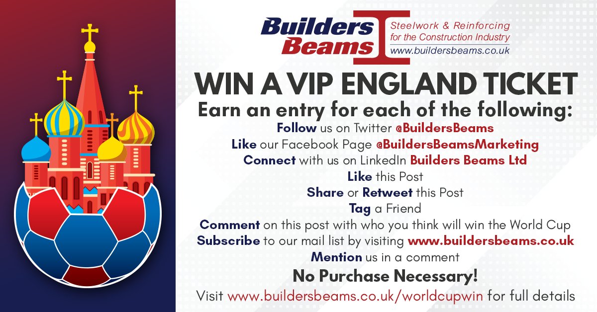 BuildersBeams's tweet photo. To celebrate England making the knockout stage of the #WorldCup we're offering an extra chance to #win a VIP ticket to watch #England play Spain at Wembley in September.
View full details here: https://t.co/Ca8Xn6vSqA
#BuildersBeams #steel #weld #welding #competition #England https://t.co/2Xj6QZluby